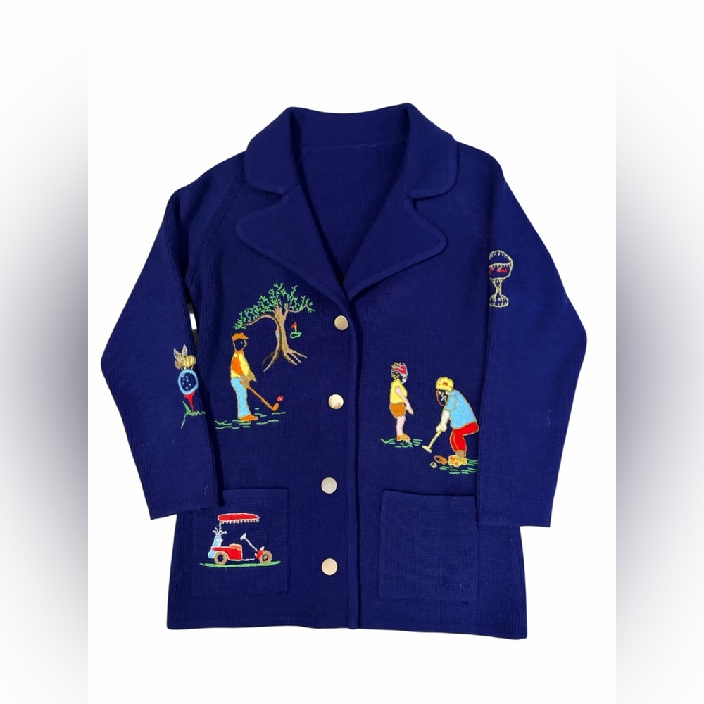 VTG 1950s Andrew Aresti Golf Cardigan Sweater Womens Medium Navy Embroidered